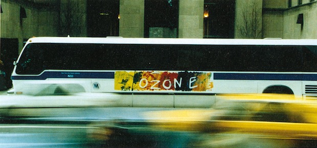 Robert Rauschenberg's Ozone Bus Billboard (1991), on a New York City bus in front of Rockefeller Center, 1992. Image courtesy of Marfa Dialogues