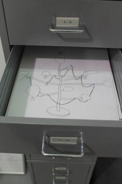Jen Dalton and Jennifer McCoy's Auxiliary Projects once again offers multiples at an affordable pricepoint. They've brought filing cabinets full of drawings by Adam Thompson, arranged by "keyword"; this one is "christmas tree calder."