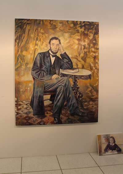 Corinna: Derek Eller's booth looked pretty great this year; most notably, Keith Mayerson's portrait of Abraham Lincoln. Whitney: This isn't my favorite Keith Mayerson, but it's still my favorite work at the fair. Mayerson's a master of intricately detailed brushwork which glimmer in pond-like surfaces. Even the floor tiles in this piece show off a rainbow of color. He's just an outstanding painter. 
