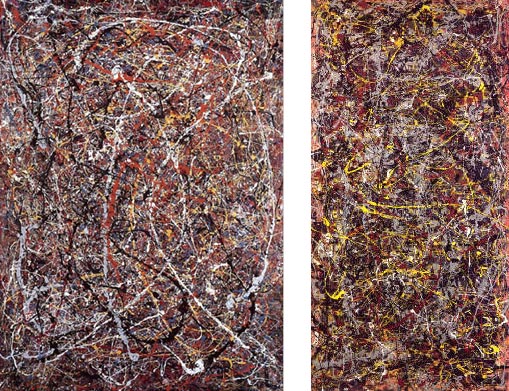 (L-R) Teri Horton's disputed Pollock piece (66 3/4" x 47 5/8") alongside David Geffen's Jackson Pollock No. 5 (48" X 96"), which recently sold at auction for $140 million 