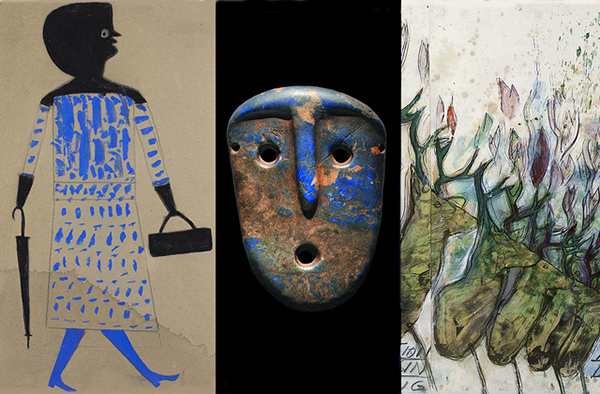 Photo Credits: Bill Traylor, "Woman and Handbag and Umbrella" (detail), ca. 1930-1942, Poster Paint and Graphite on Cardboard, courtesy Just Folk; Ancestral Lapis Mask, Alamito Culture - Argentina, 400BC-950AD, Lapis Lazuli, courtesy William Siegal Gallery; Dennis Oppenheim "Study for Digestion" (detail), Mixed Media, courtesy Hill Gallery.