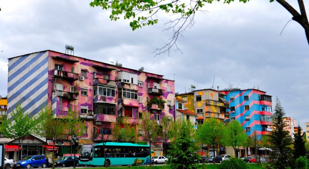 A view from Tirana, Albania where Edi Rama commissioned the re-painting of Soviet-era buildings.