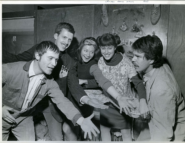 L-R: Karl Wirsum, Art Green, Gladys Nilsson, Suellen Rocca, Jim Nutt, 1967 (Photo by Charles Krejcsi) 