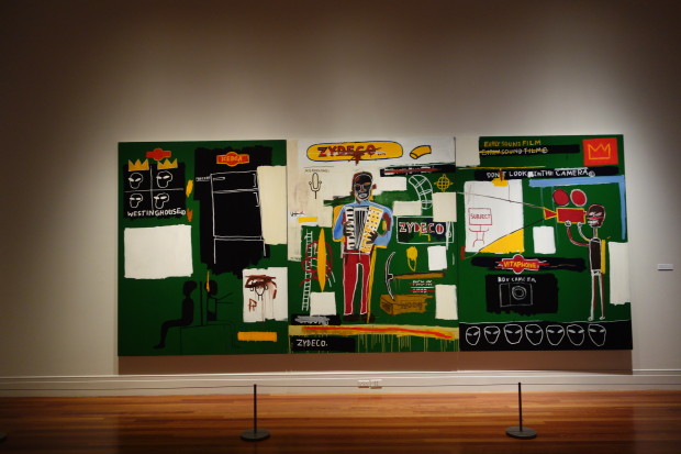 From the exhibition Basquiat on the Bayou, at the Ogden Museum of Southern Art. Jean-Michel Basquiat Natchez, "Zydeco", 1984. Acrylique et pastel gras sur toile, 218,5 x 518 cm