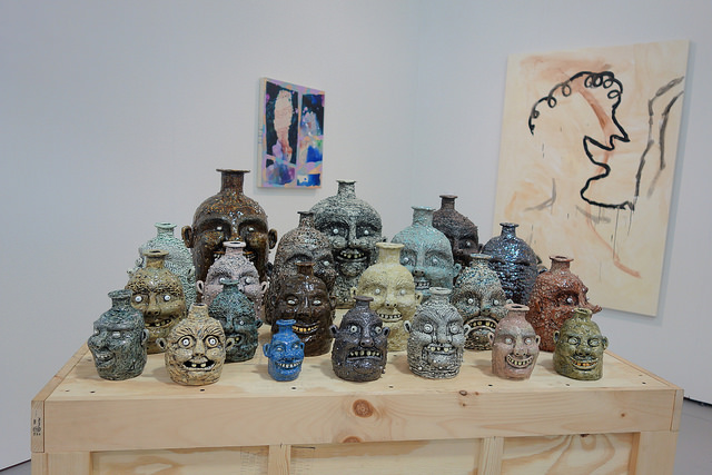 Rebecca Morgan's assortment of face jugs, 2014, at Asya Geisberg