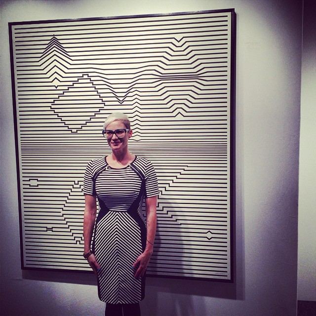 Director of PULSE, Helen Toomer aligning stripes with Victor Vasarely 