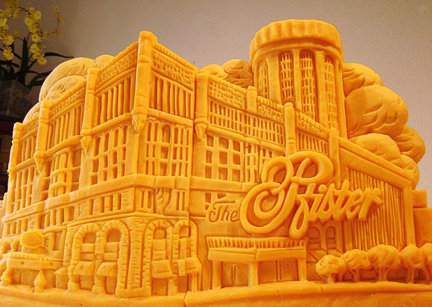 Cheese artist Sarah Kaufman's cheddar sculpture of the Pfister Hotel.