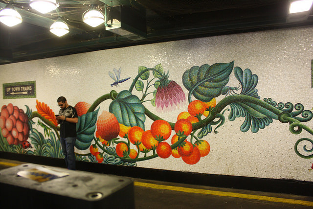 The Bedford Park Blvd/Lehman College subway station on the 4 train. These mosaics by Andrea Dezsö are a totally appropriate transition from the subway to the nearby botanical garden. 