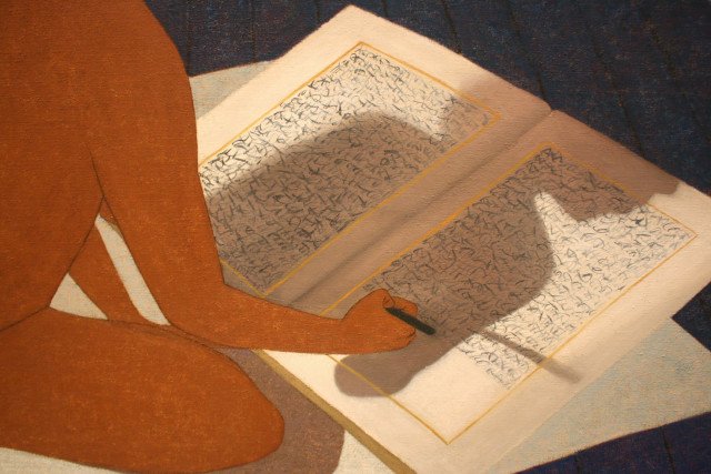 I love how this shadow draws the eye to the open book. It's such skillful handling of color, totally registering as a directional shadow with reflected light from the artist's body. It's a huge departure from the Gaughin/illustration-like quality of the rest of the image. But then we're met with a totally inscrutable text being written. It doesn't seem to be legible as any one language. Is this a critique of Orientalism, where non-Roman alphabets were often represented as squiggles? Perhaps a fictional Esperanto for Ahuja's multi-cultural constructed world? A nod to the inability of all cultural signifiers to translate?