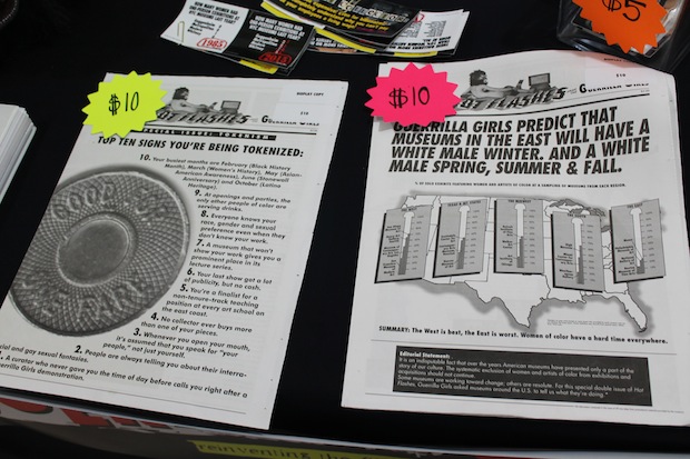 This is so cool. In '94, the Guerrilla Girls made a single run of newspapers with their signature stats about...you know. They still have about a single box that they pulled out from the archives AND THEY'RE SELLING THEM FOR TEN BUCKS. "The girls don't believe in creating precious expensive items," the woman running the booth said. 