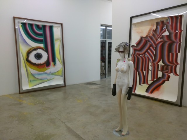 Isa Genzken, "Schauspieler," 2013 (foreground) with Kerstin Brätsch, “When You See Me Again It Won’t Be Me” and “I Want To Be Wrong,” (both from "Broadwaybratsch/Corporate Abstraction series," 2010).