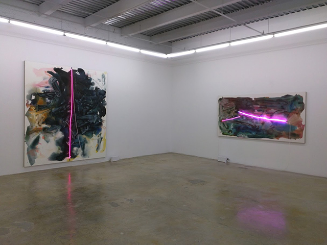 Mary Weatherford, “past Sunset,” 2015 and “Chung King Road,” 2014, both flashe and neon on linen.