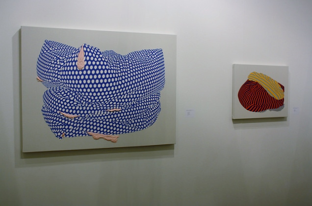Alex Dodge, "Webinar" and "Belfast," both oil on canvas, 2015. 