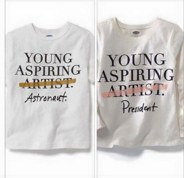 Brian Boucher: "Clothing chain Old Navy apparently thinks artists are unnecessary. Twitter users have gone berserk over a new T-shirt design for children that reads 'young aspiring artist' but has the word 'artist' crossed out, replaced with the word 'astronaut' or 'president.'"