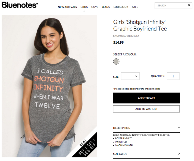Bluenotes, a cheap and cheerful Canadian “lifestyle” clothing brand, is now selling a graphic “boyfriend” t-shirt appropriating the work. (Credit: Bluenotes)