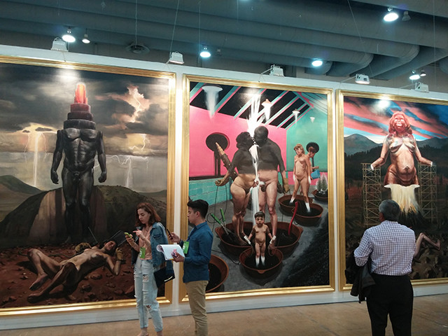 Daniel Lezama, "Conductores," 2016 at Mexico City's Galería Hilario Galguera. These larger-than-life oil paintings are so classically Mexican Surrealist I felt strangely happy to see that they are contemporary. Mostly, everyone I was with noticed that every male figure in the panels has an erection. 