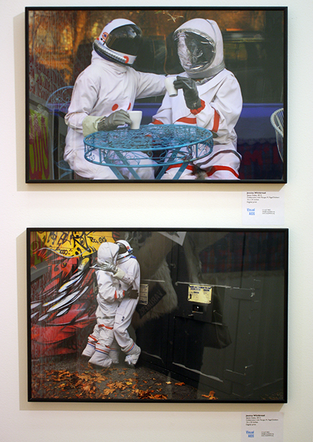 More astronauts, this time in Jessica Whitbread's "Space Dates" series at Visual AIDS. These are funny and bittersweet—evoking anxieties over safe sex but also maybe suggesting that love finds a way?