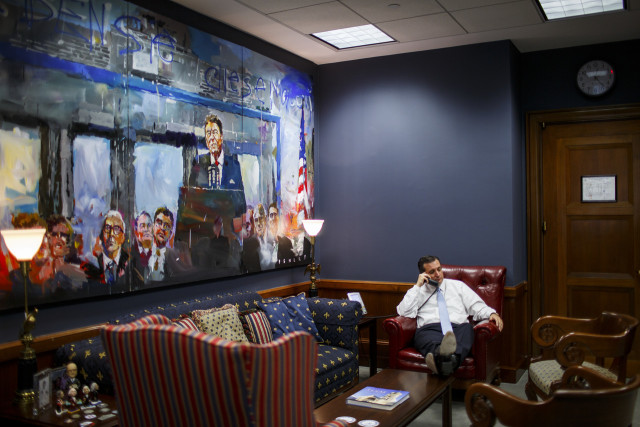 I couldn't find a good portrait of Ted Cruz (someone call Jenny Saville!) but Cruz does have this pretty terrible painting of Reagan by conservative artist Steve Penley hanging in his office.