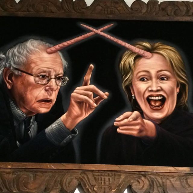 Bernie Sanders and Hillary Clinton unicorns clash. Artist unknown. Via: Carolina Miranda