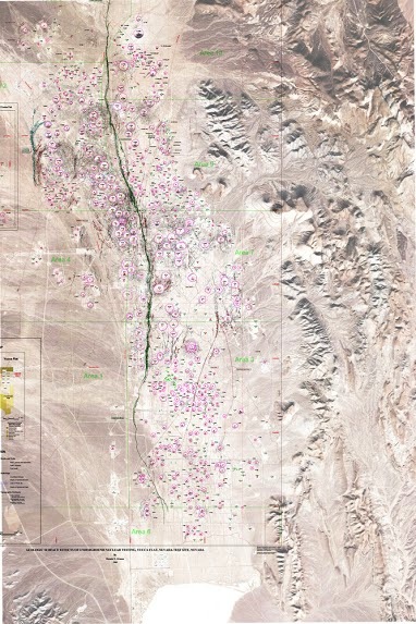 Nevada Test Site, overlaid with a diagram showing location of each nuclear test Eric LoPresti, 2016. Sources: Google Earth, USGS Open File Report 00­176