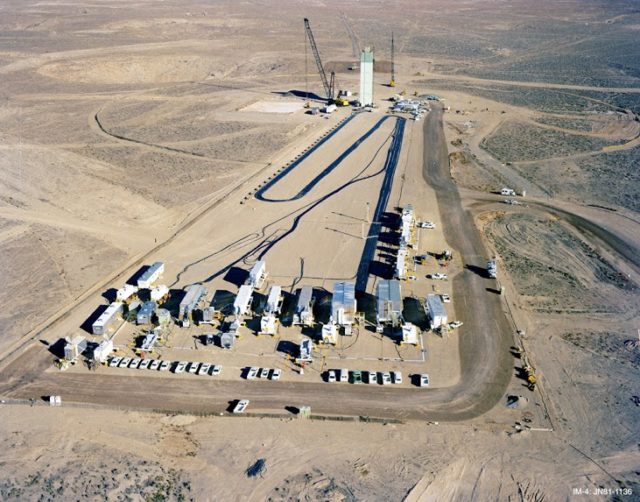 Instrumentation tower and data collection trucks at Nevada Test Site Government photo obtained via Lawrence Livermore National Laboratory (LLNL), c 1980s
