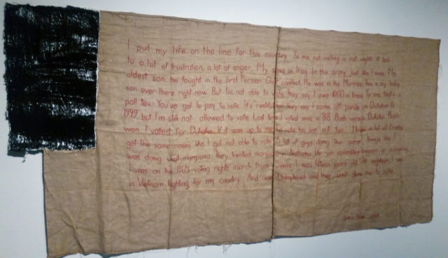 Rodney McMillian, “Untitled (Flag IV),” Burlap, thread, plaster, latex, 2012.