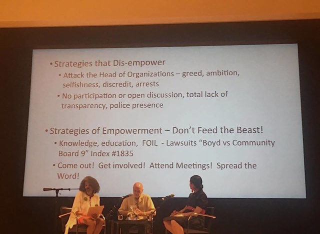 MTOPP's Alicia Boyd lays out strategies of resistance in the second panel Successful Strategies and Stories on Rezoning and Development with Tom Angotti and Ana Orozco 