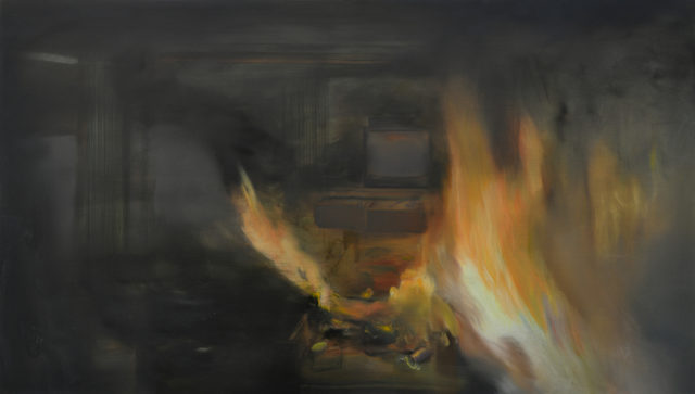 Brandi Twilley, Fire and TV, 2016, oil on canvas (Courtesy the artist and Sargent's Daughters)