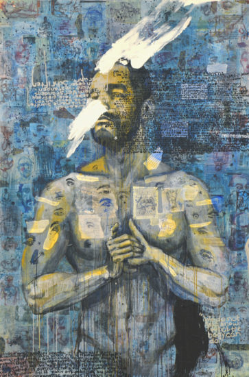 Molly Crabapple, Fuck Theory, 2016, mixed media, collage and acrylic on canvas (Courtesy the artist and Postmasters Gallery)