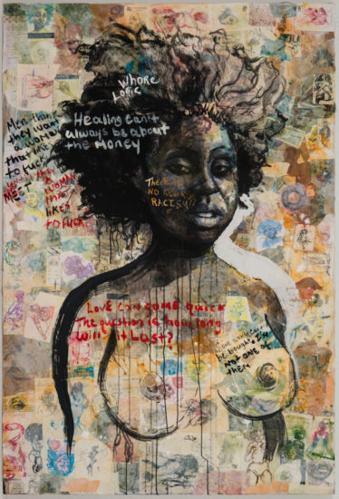 Molly Crabapple, Akynos, 2016, mixed media, collage and acrylic on canvas (Courtesy the artist and Postmasters Gallery)