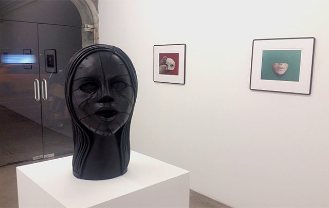 Aneta Grzeszykowska, "Skin Head #1," recycled leather, 2016; "Selfie #15," and "Selfie #10," both pigment ink on cotton, 2015.