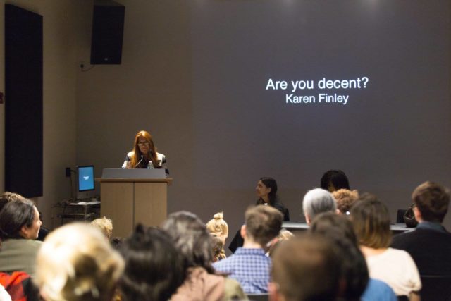 Karen Finley starts her "Are you decent?" presentation (photo via Performance Studies @ NYU)