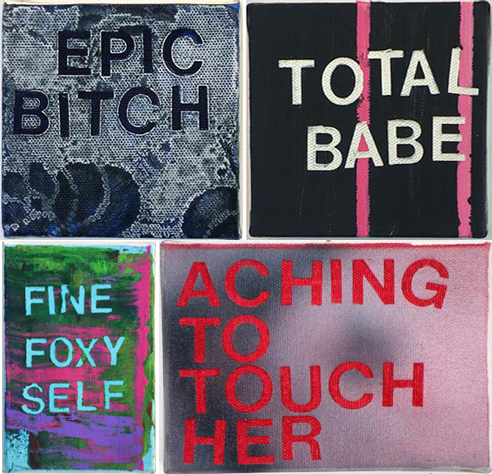 Four works in Betty Tompkins' WOMEN Words, Phrases, and Stories (Courtesy the artist and FLAG Art Foundation)