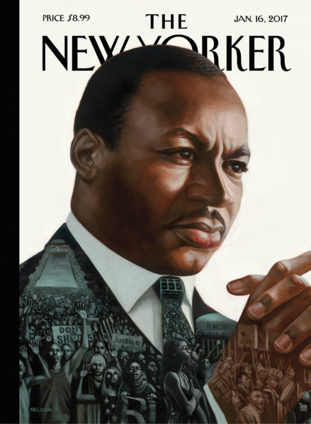 LA-based artist Kadir Nelson on his Martin Luther King cover for The New Yorker: "hat happened to his dream of racial and economic equality, and what is the impact of non-violent resistance over half a century later?"