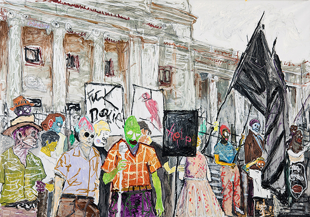 Farley Aguilar, "The Protest," oil on linen, 2015. Aguilar has a solo show opening Sunday night at Lyles & King. 