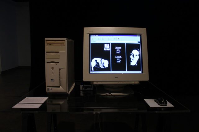 Installation view of Olia Lialina's My Boyfriend Came Back From The War in Hacking / Modding / Remixing as Feminist Protest exhibition at the Miller Gallery at Carnegie Mellon University, 2017