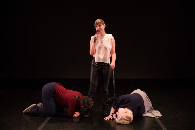 Marissa Perel with consensual submission of audience members in "(do not) despair solo" (Photo: Scott Shaw)