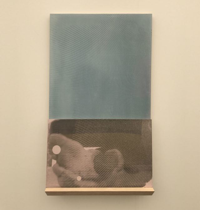 R.H. Quaytman, “D. Kasper”, 2017, Silkscreen ink, diamond dust, gesso on two wood panels with self. Miguel Abreu Gallery. 