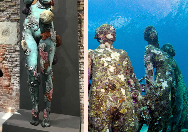 Left: a photo Jason deCaires Taylor took of Damien Hirst's "Treasures From the Wreck of the Unbelievable" and posted to Instagram. Right: Jason deCaires Taylor's own work. 