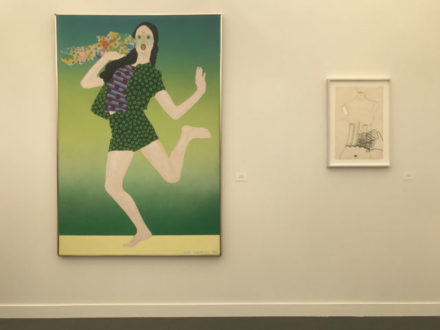 Left: Kiki Kogelnik, “Express”, 1972, oil and acrylic on canvas. Right: Kiki Kogelnik, “Untitled (Still life with hand), 1964, enamel and india ink on paper. Simone Subal Gallery. 