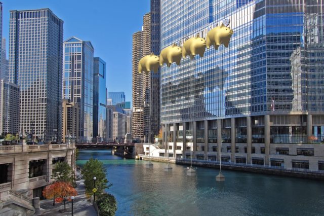New World Design, Flying Pigs on Parade: a Chicago River Folly (2016). Courtesy New World Design.