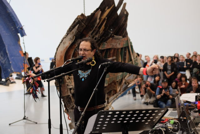 Guillermo Galindo performing “Sonic Borders 2," 2017.