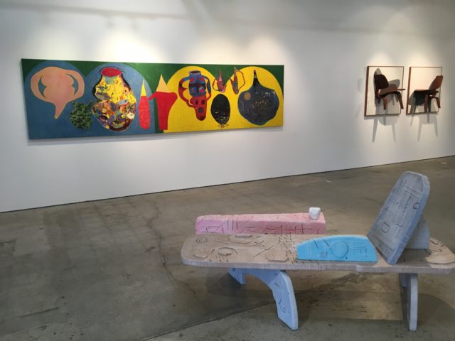 (L-R) Ryan Fenchel, "Sidereal Procession, the Adept in Public"; Don Edler, "Chaise Lounge for Celeste and Unmonumental Table," 2017 (with John Zane Zappas Ashtray); Gary Knox Bennett, "Pair of Eames Chairs Assemblage," 1959. 