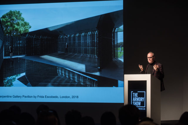 Hans Ulrich Obrist delivering his keynote at The Armory Show 